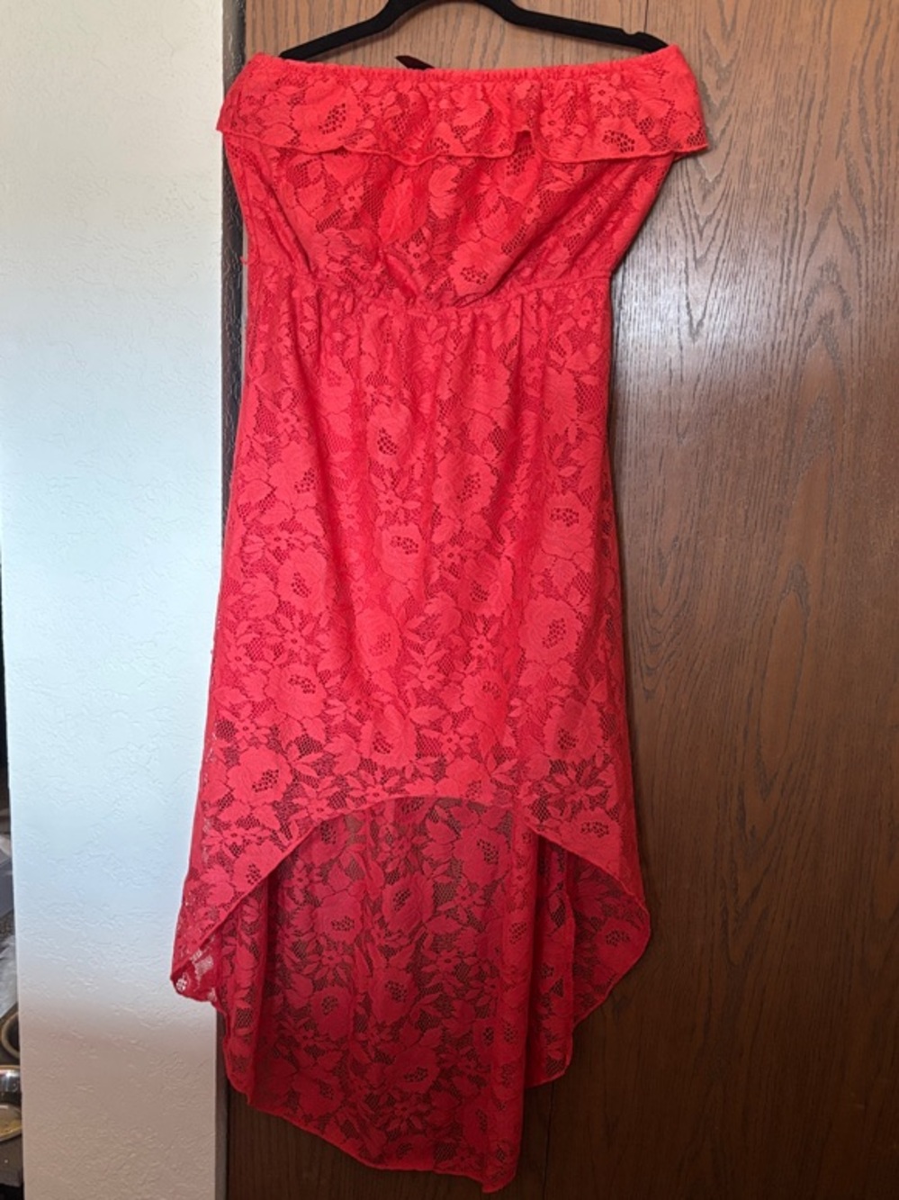 Trixxi Strapless Lace Hi-Low Dress in Coral/Red